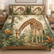Tropical Giraffe Jungle Safari quilt set displayed on a bed with coordinating pillow shams