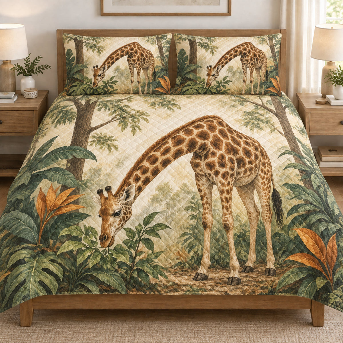 Tropical Giraffe Jungle Safari quilt set displayed on a bed with coordinating pillow shams