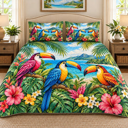 Tropical Toucan Quilt Set, Rainforest Bedding Gift for Bird Lovers