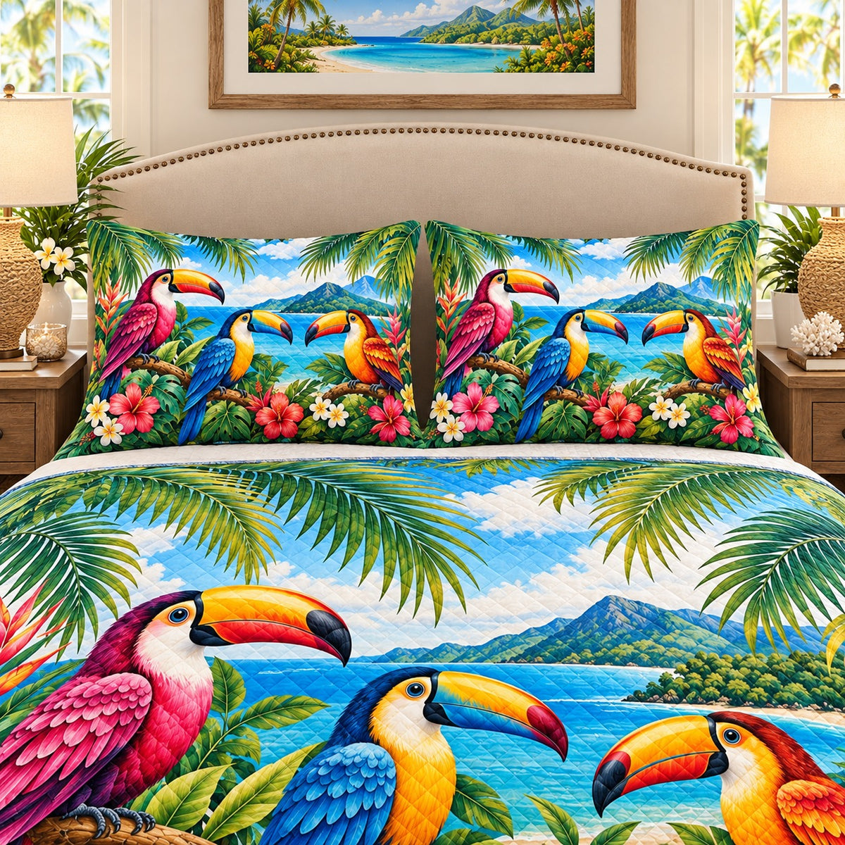 Colorful tropical toucan rainforest quilt set, view 2, AI-generated product mockup