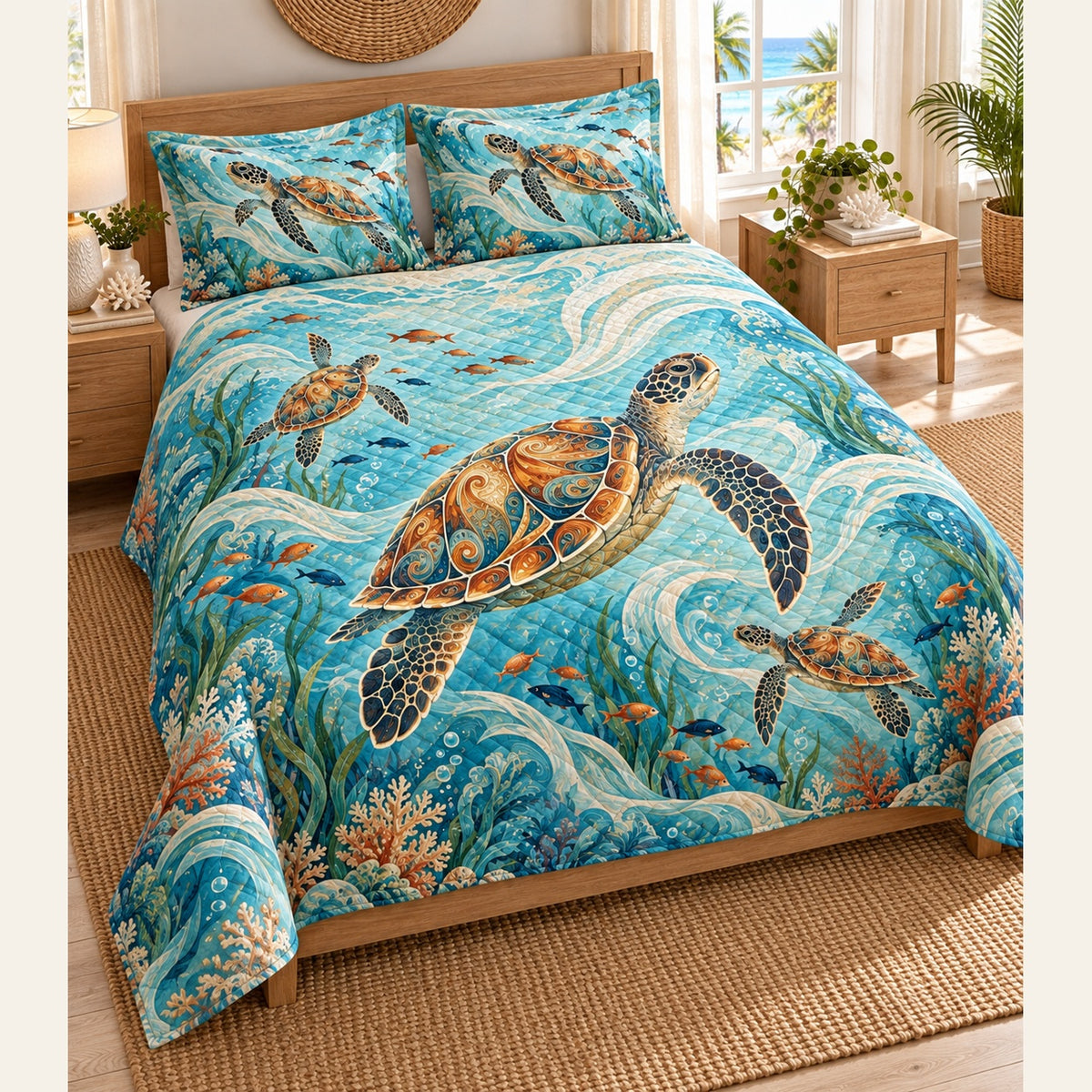 Sea turtle quilt set angled view with matching pillow shams
