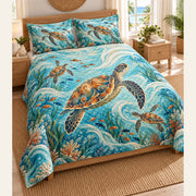 Sea turtle quilt set angled view with matching pillow shams