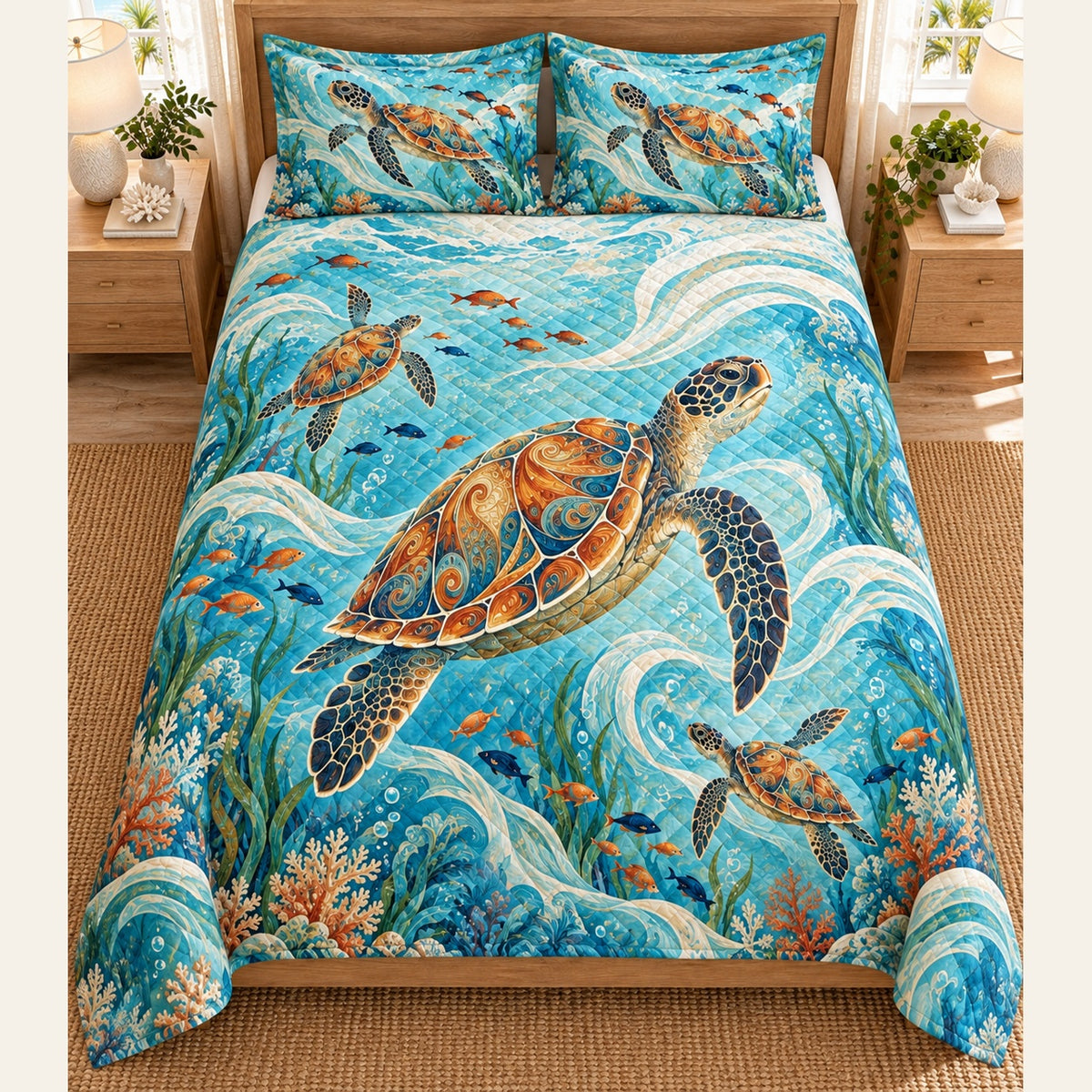 Sea turtle quilt set view from above