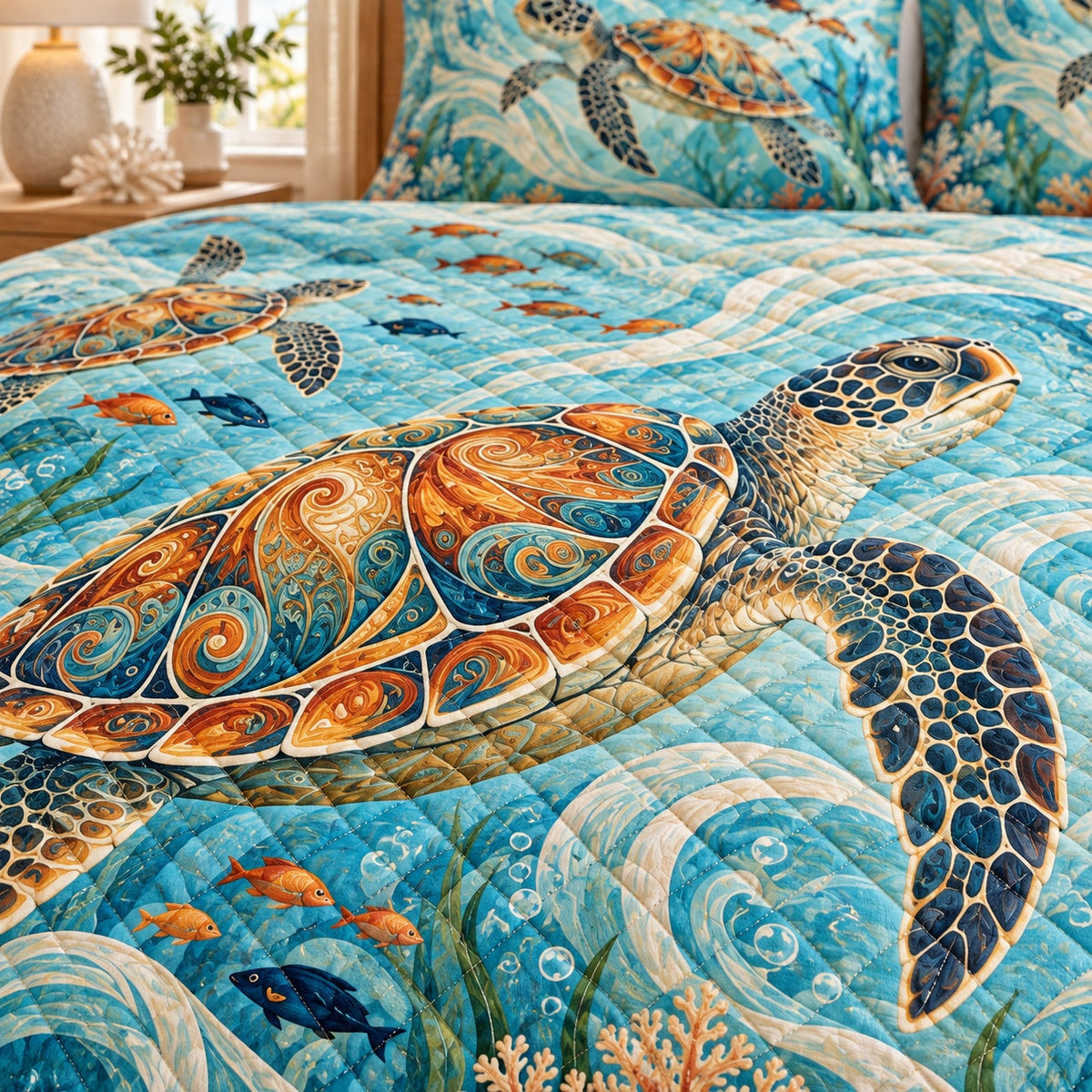 Sea turtle printed artwork and diamond stitching detail