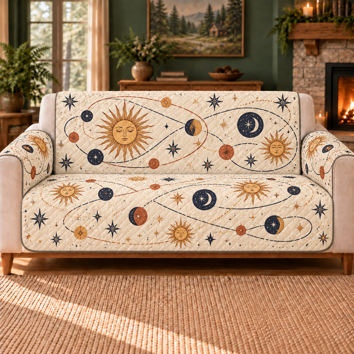 Twilight Orbit Links sofa cover on a beige sofa