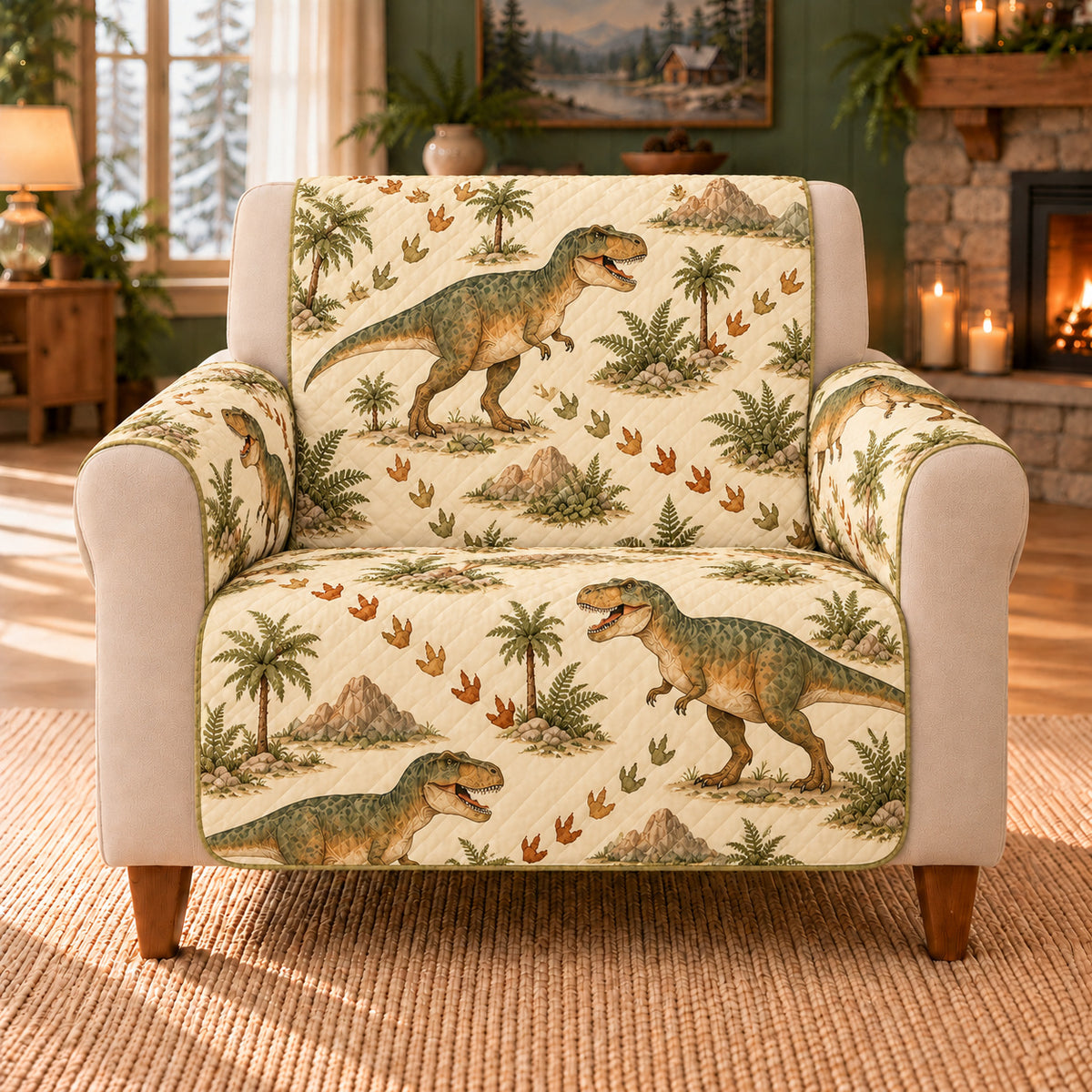 Tyrannosaur Track Trail sofa cover on a beige armchair