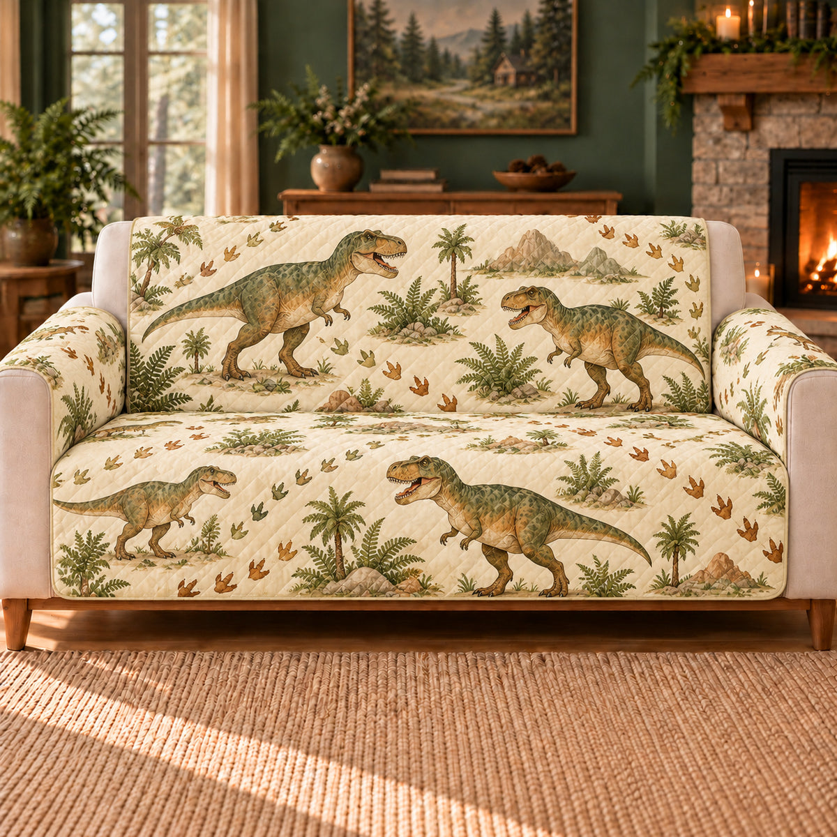 Tyrannosaur Track Trail sofa cover on a beige sofa