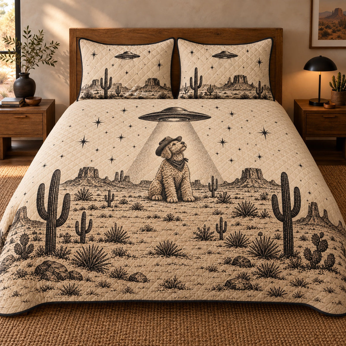 UFO Cowboy Doodle Goldendoodle Quilt Set, front Goldendoodle bedroom view