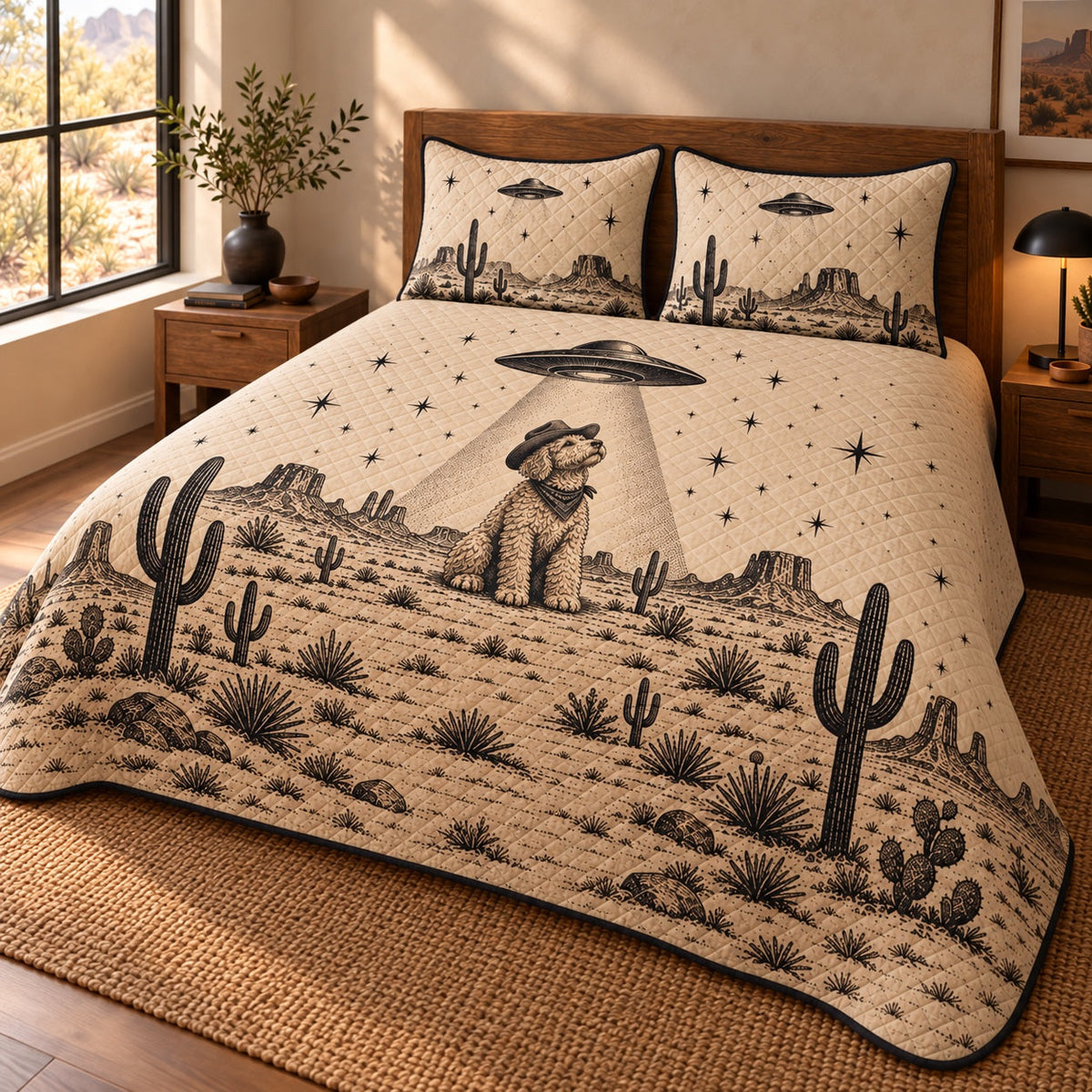 UFO Cowboy Doodle Goldendoodle Quilt Set, angled Goldendoodle bedroom view