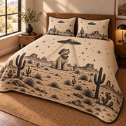UFO Cowboy Doodle Goldendoodle Quilt Set, angled Goldendoodle bedroom view