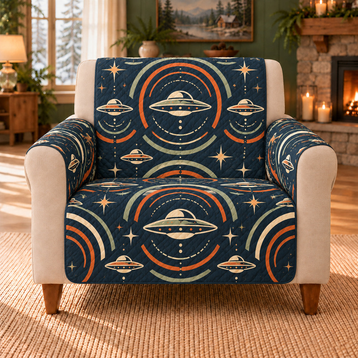 UFO Radar Ripples sofa cover on a beige armchair