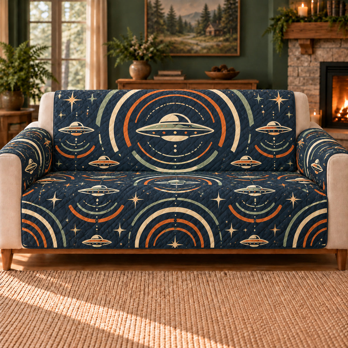 UFO Radar Ripples sofa cover on a beige sofa