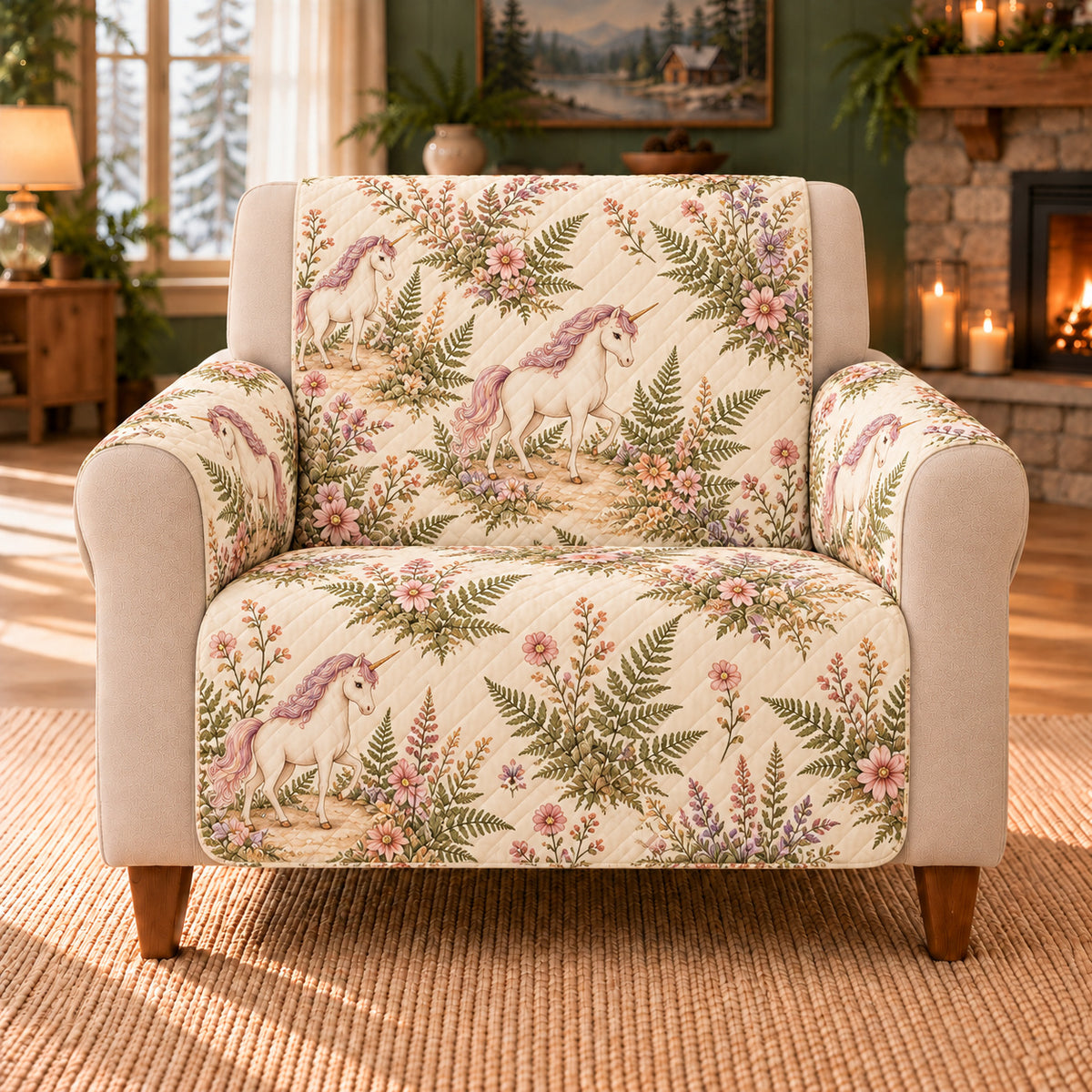 Unicorn Fern Trail sofa cover on a beige armchair