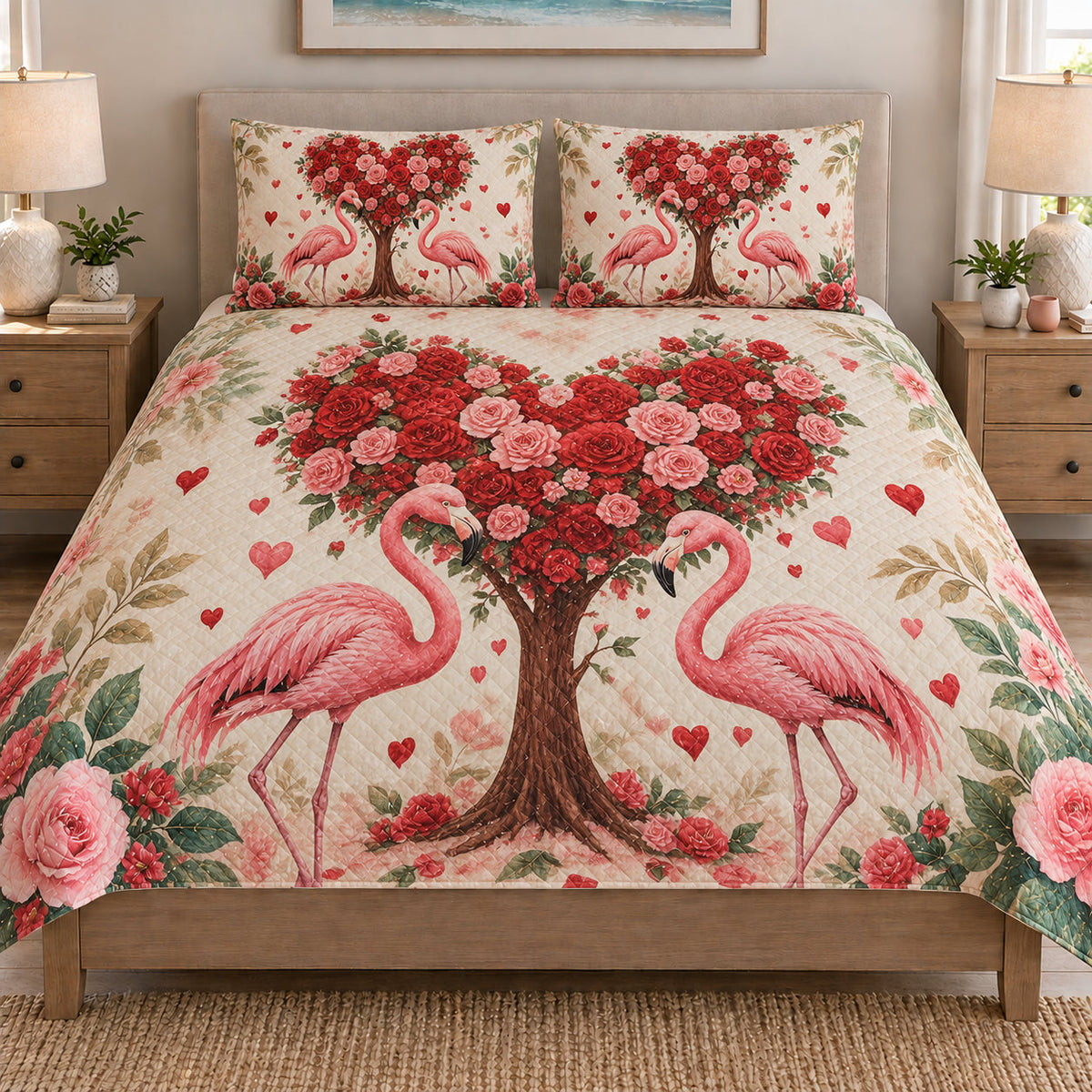 Couple Flamingo Rose Heart quilt set displayed on a bed with coordinating pillow shams
