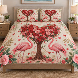 Couple Flamingo Rose Heart Quilt Set