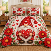 Valentine gnome heart floral quilt set, view 1, AI-generated product mockup