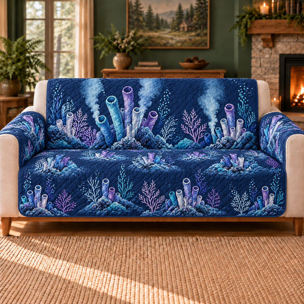 Vent Garden Frieze sofa cover on a beige sofa