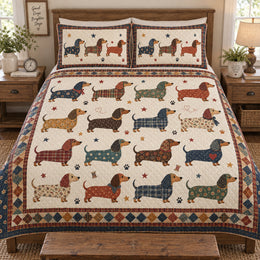 Vintage Dachshund Dog Pattern Quilt Set