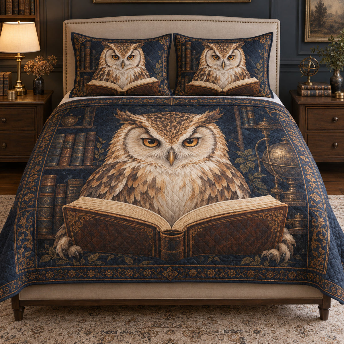 Vintage Reading Owl Library Quilt Set: bedroom mockup showing the quilt design and coordinating pillow shams