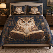 Vintage Reading Owl Library Quilt Set: bedroom mockup showing the quilt design and coordinating pillow shams