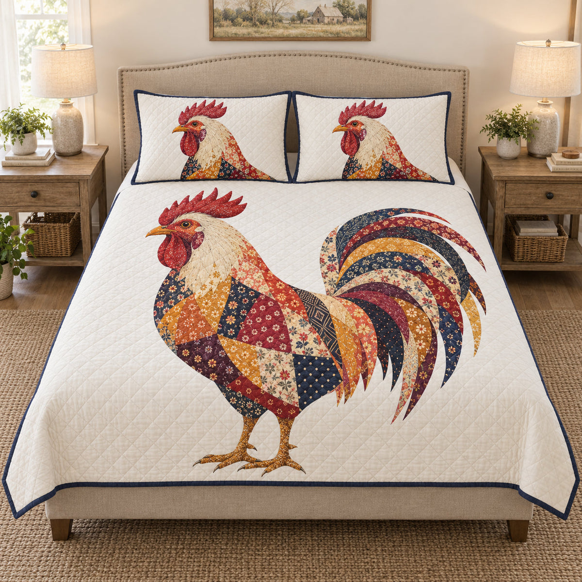 Vintage-inspired Rooster Floral Country quilt design with coordinating pillow shams