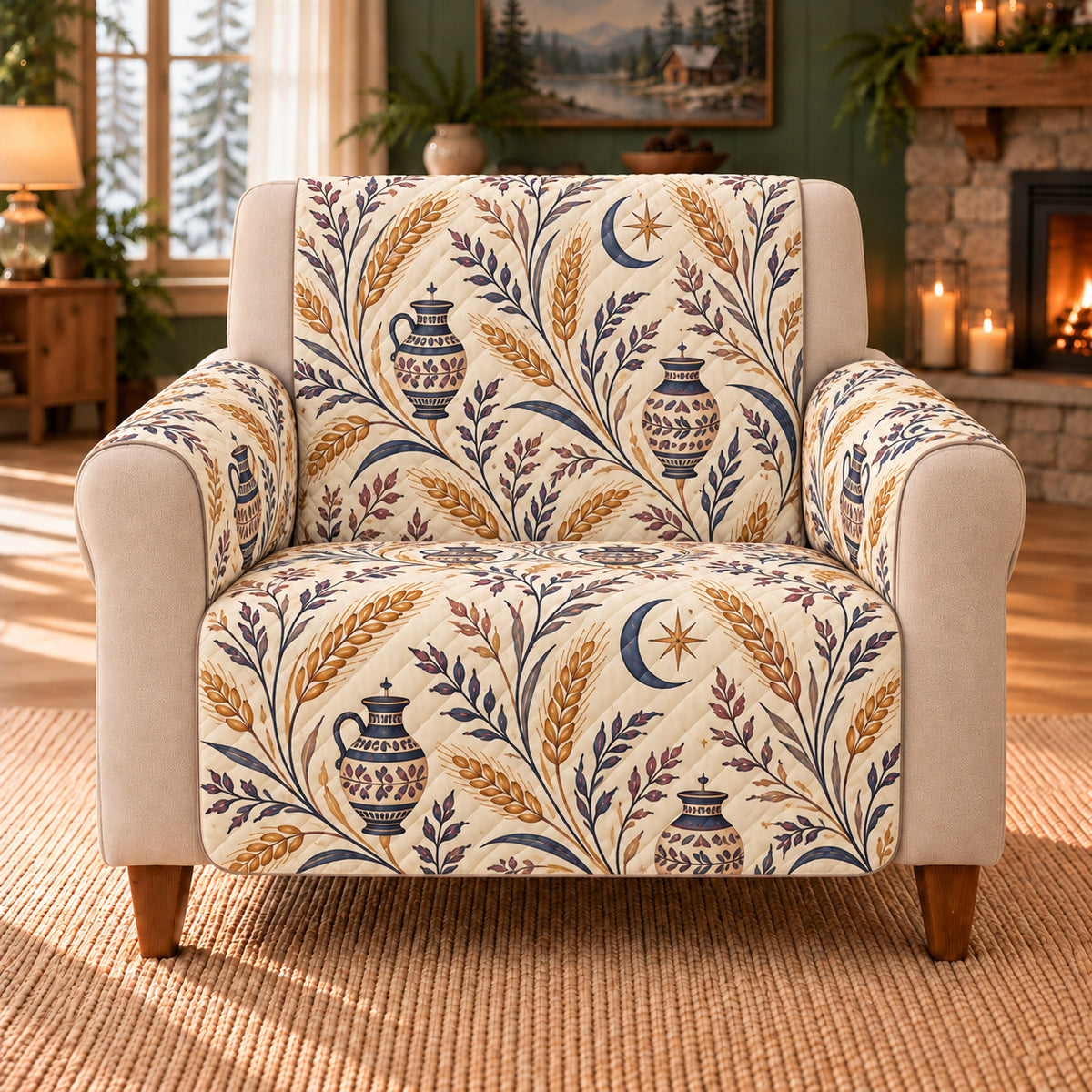Virgo Wheat Meander sofa cover on a beige armchair