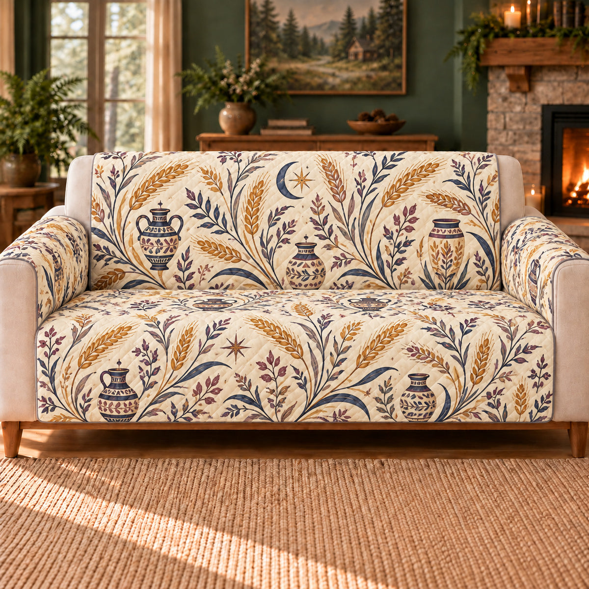 Virgo Wheat Meander sofa cover on a beige sofa