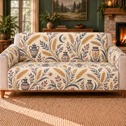 Virgo Wheat Meander sofa cover on a beige sofa
