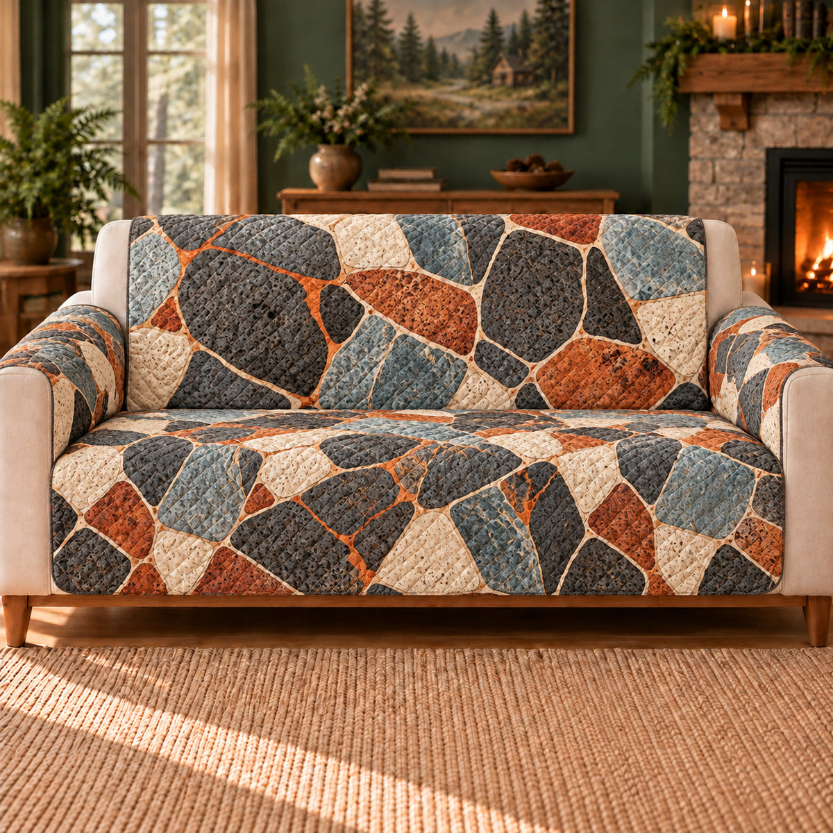 Volcanic Stone Tiles sofa cover on a beige sofa