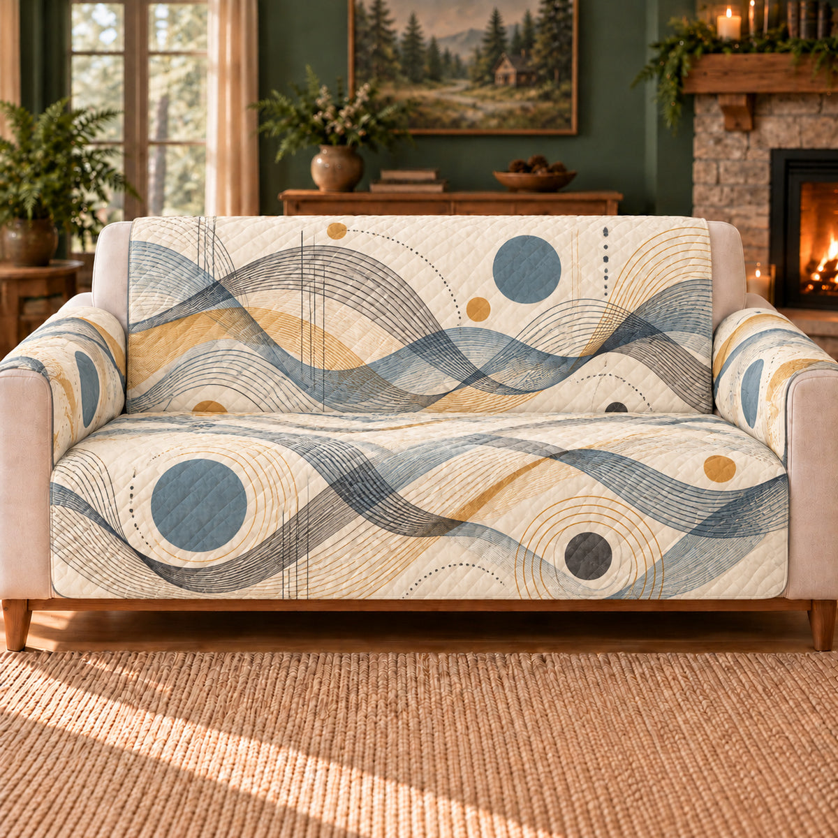 Wave Interference Ribbons sofa cover on a beige sofa
