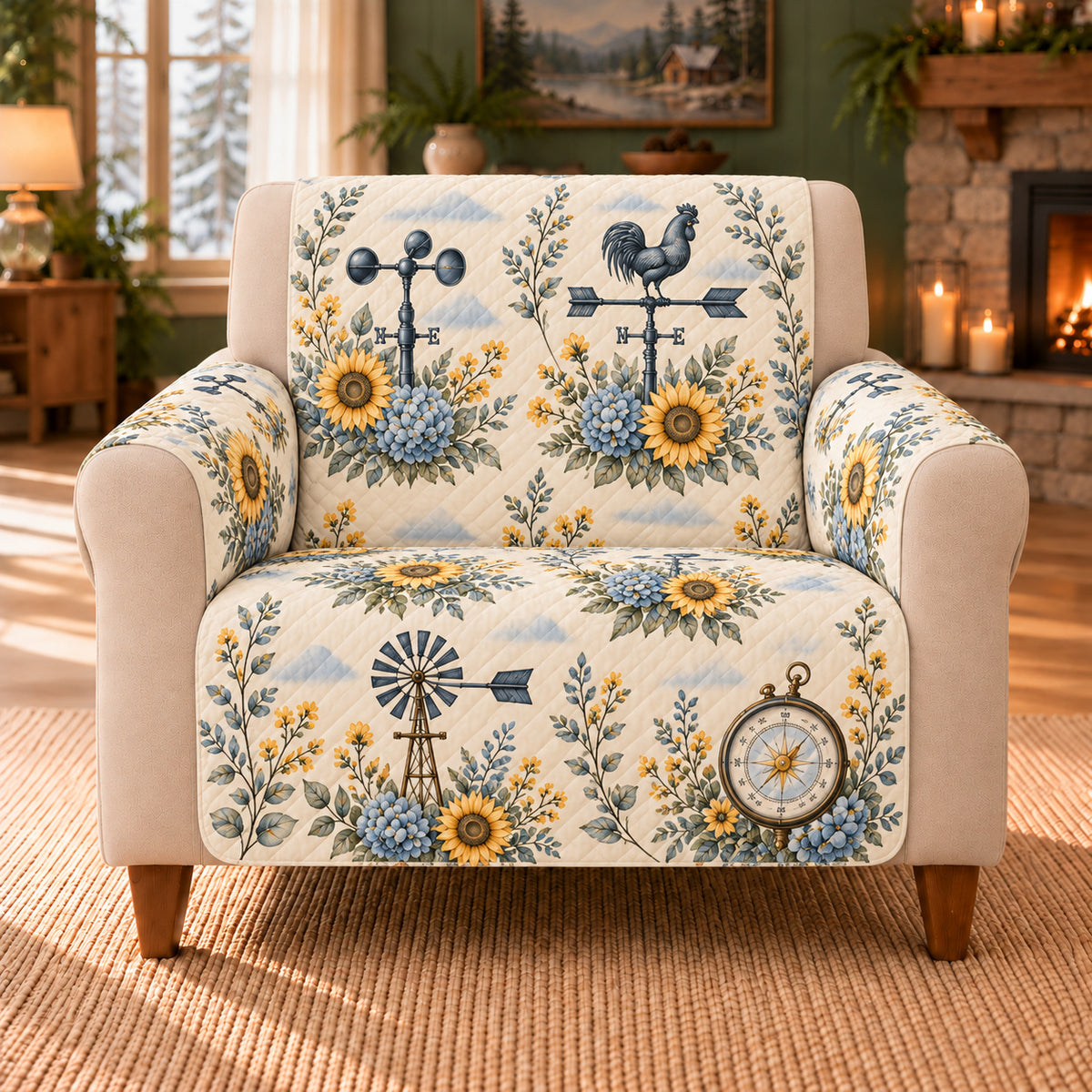 Weather Instrument Sprigs sofa cover on a beige armchair