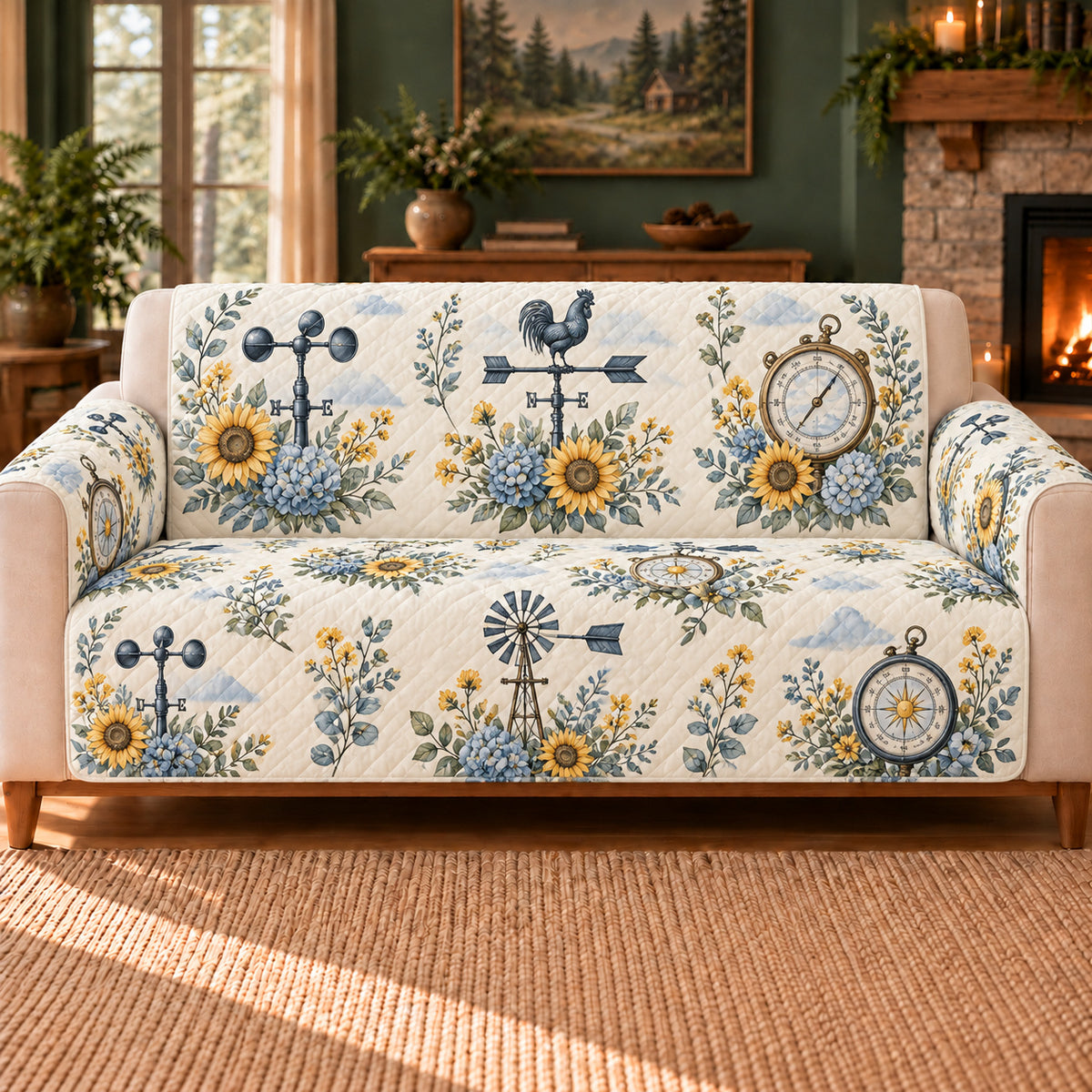 Weather Instrument Sprigs sofa cover on a beige sofa