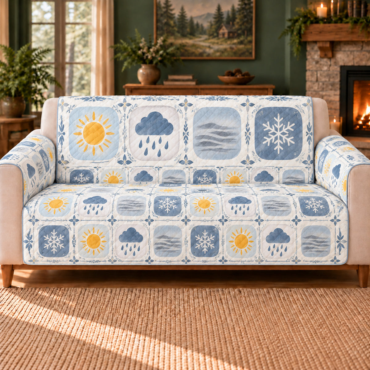 Weather Symbol Tiles sofa cover on a beige sofa