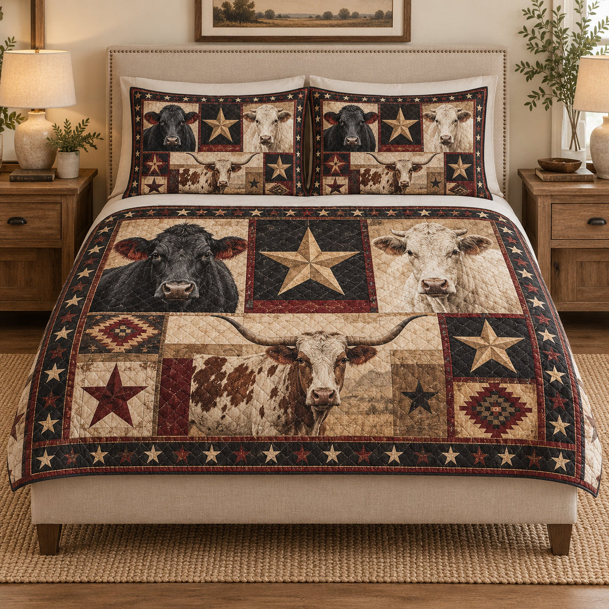 Western Cow Star Farmhouse quilt design with coordinating pillow shams