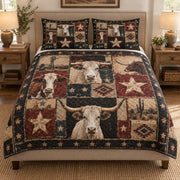 Western Longhorn Cow Rustic quilt design with coordinating pillow shams