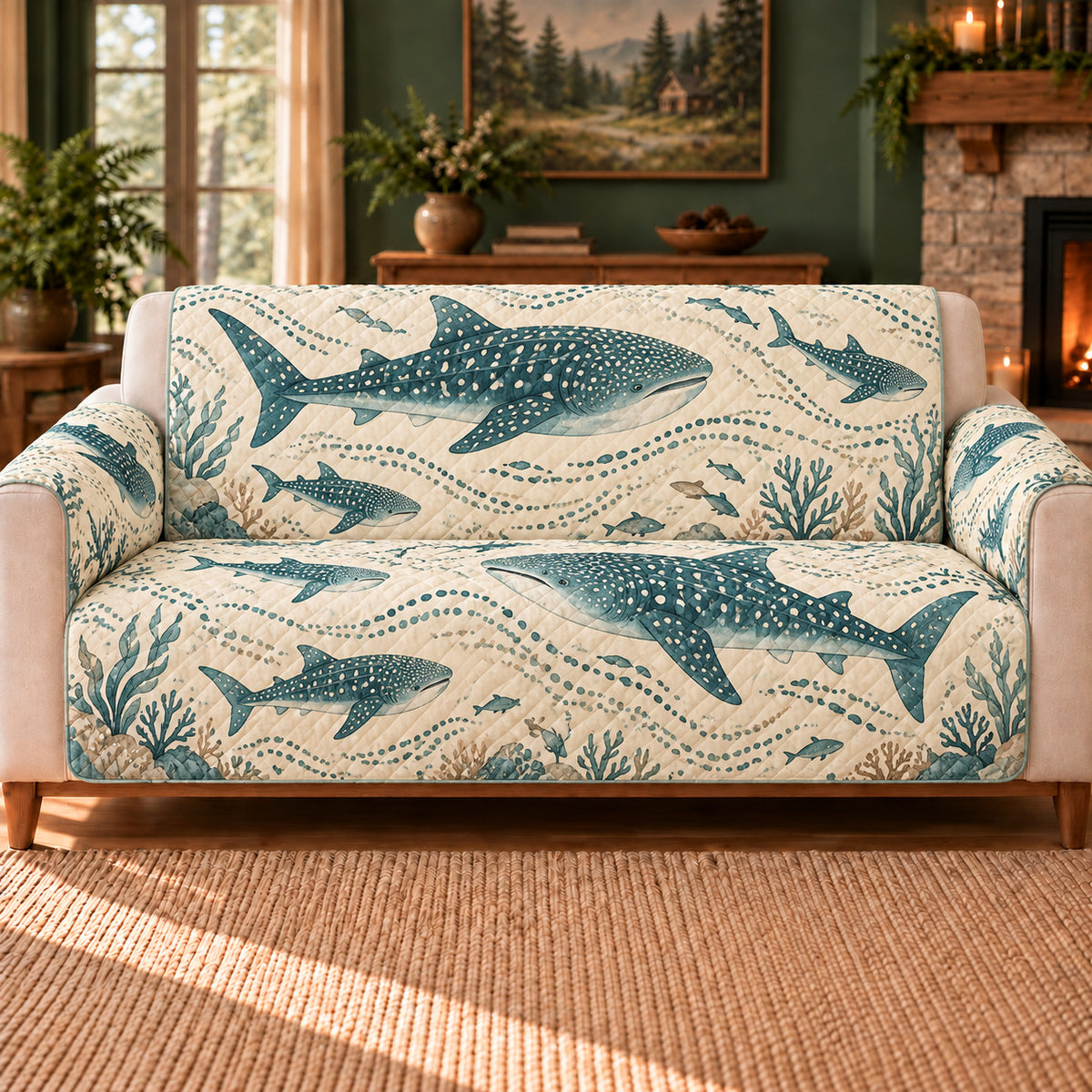 Whale Shark Spot Current sofa cover on a beige sofa