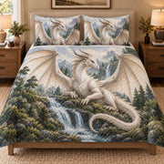 White Dragon Mountain Waterfall Quilt Set: bedroom mockup showing the quilt design and coordinating pillow shams