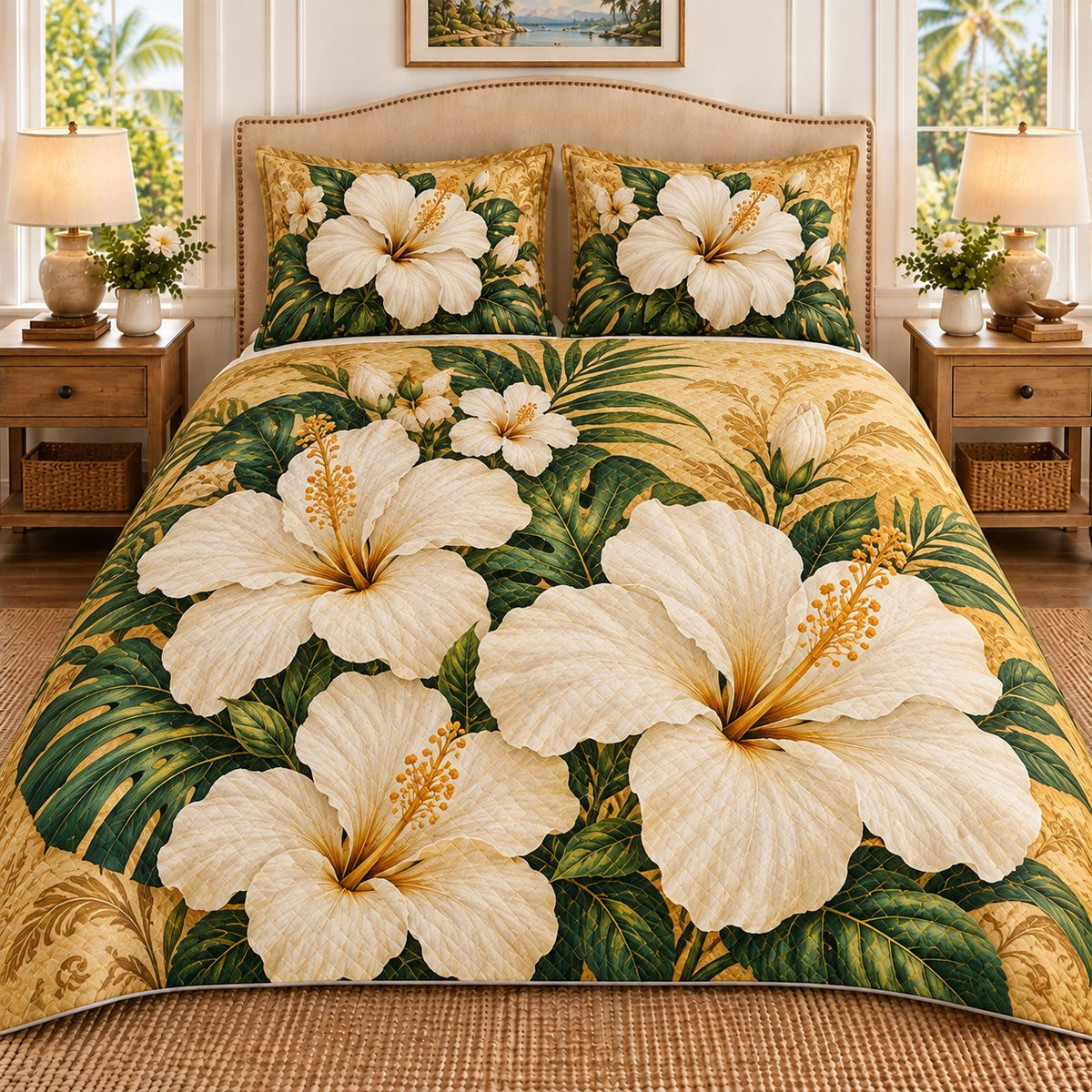 White hibiscus tropical quilt set, view 1, AI-generated product mockup