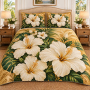 White hibiscus tropical quilt set, view 1, AI-generated product mockup
