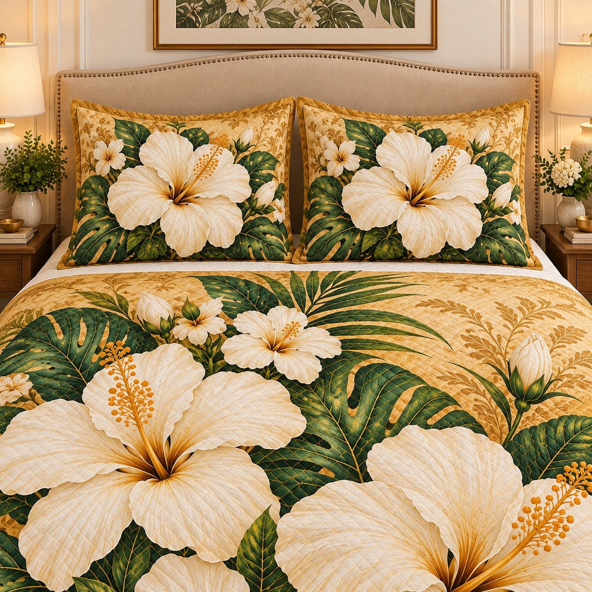 White hibiscus tropical quilt set, view 2, AI-generated product mockup