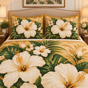 White hibiscus tropical quilt set, view 2, AI-generated product mockup