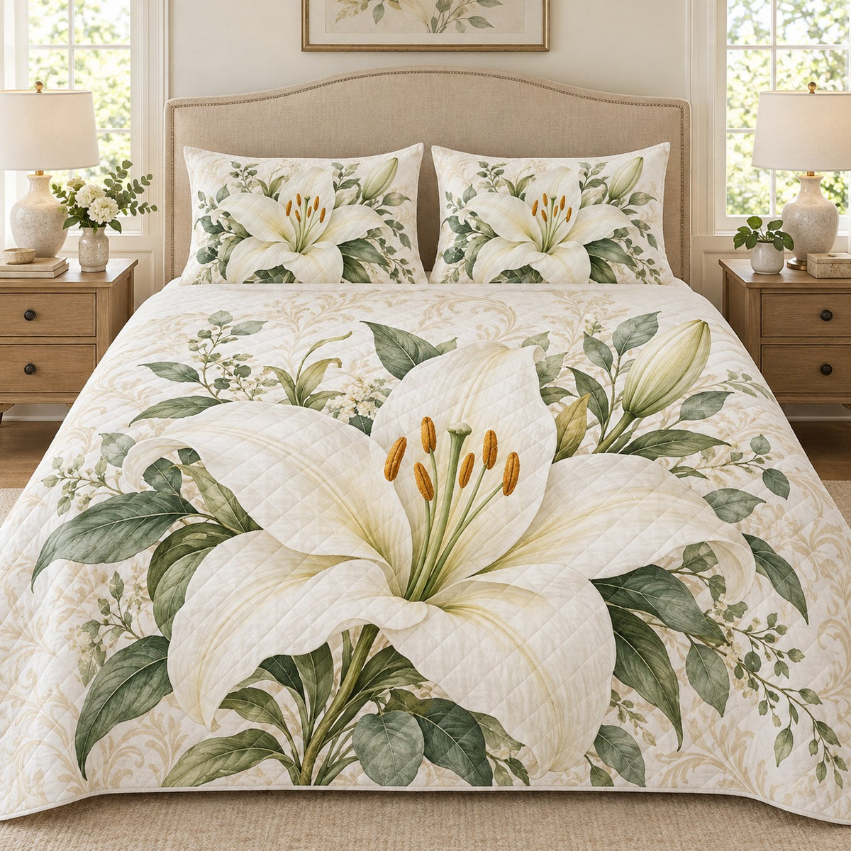 White lily botanical quilt set, view 1, AI-generated product mockup