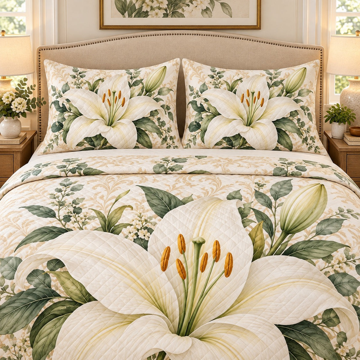 White lily botanical quilt set, view 2, AI-generated product mockup