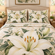 White lily botanical quilt set, view 2, AI-generated product mockup