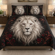 White Lion Red Rose quilt set displayed on a bed with coordinating pillow shams