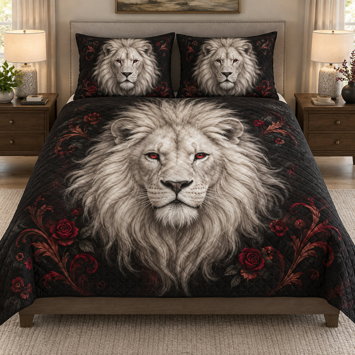 White Lion Red Rose quilt set displayed on a bed with coordinating pillow shams
