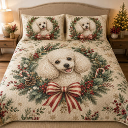 White Poodle Christmas Quilt Set, Holiday Wreath