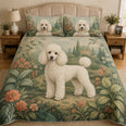 White Poodle Floral Quilt Set, Garden Dog