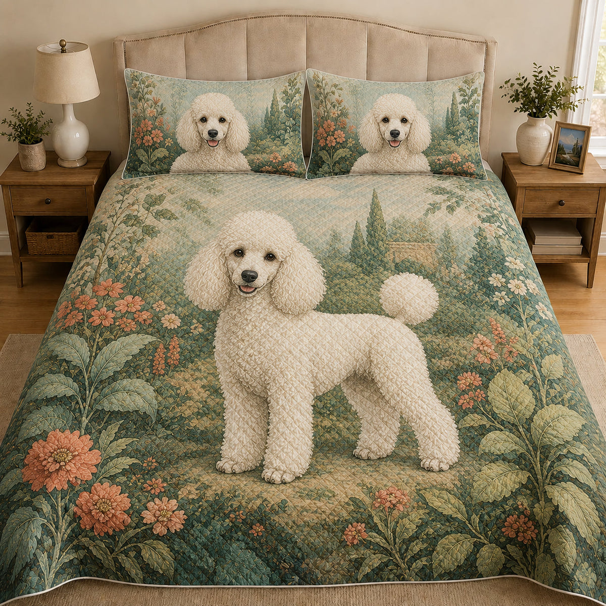 White Poodle Floral quilt design featuring garden dog with coordinating pillow shams
