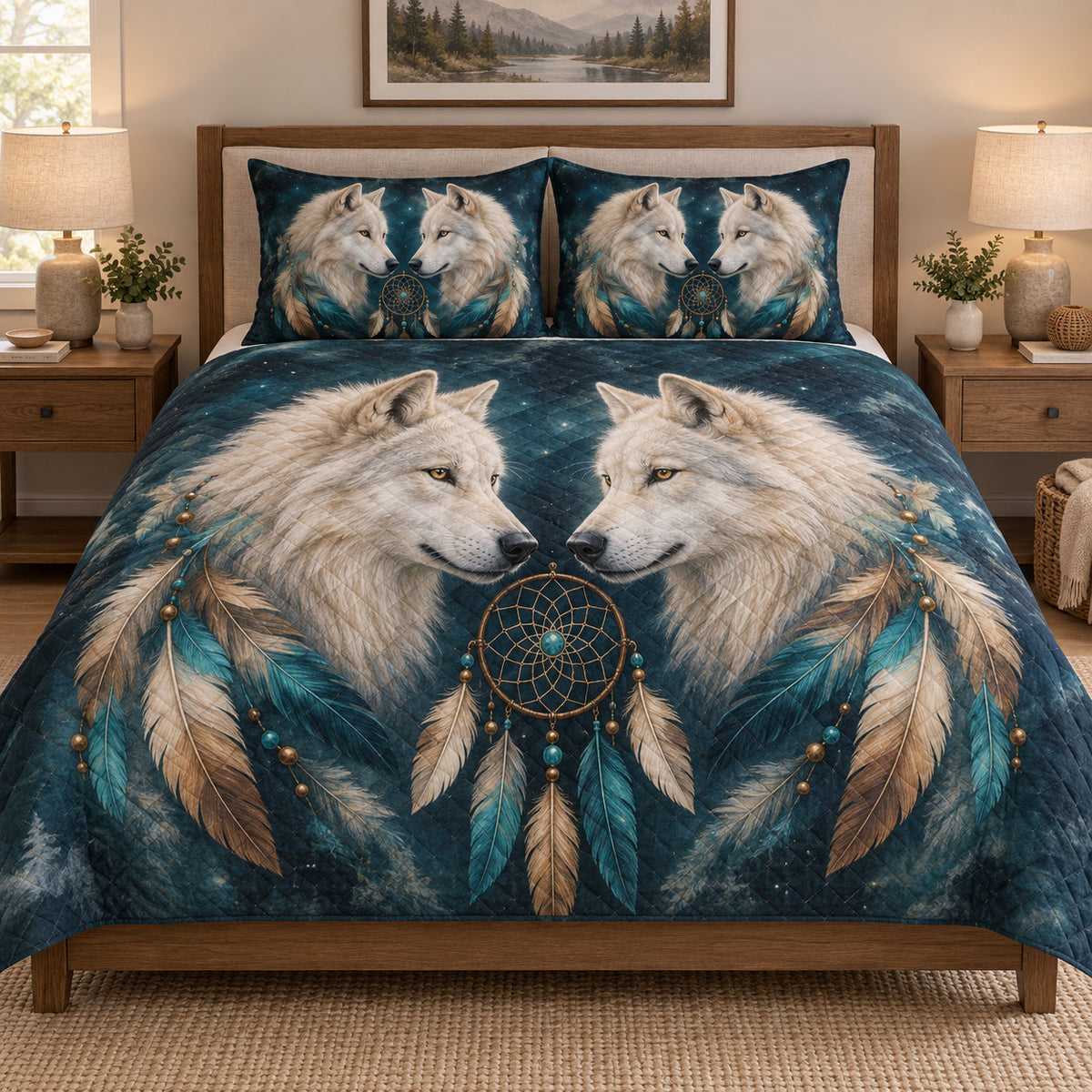 White Wolf Dreamcatcher Feather quilt set displayed on a bed with coordinating pillow shams